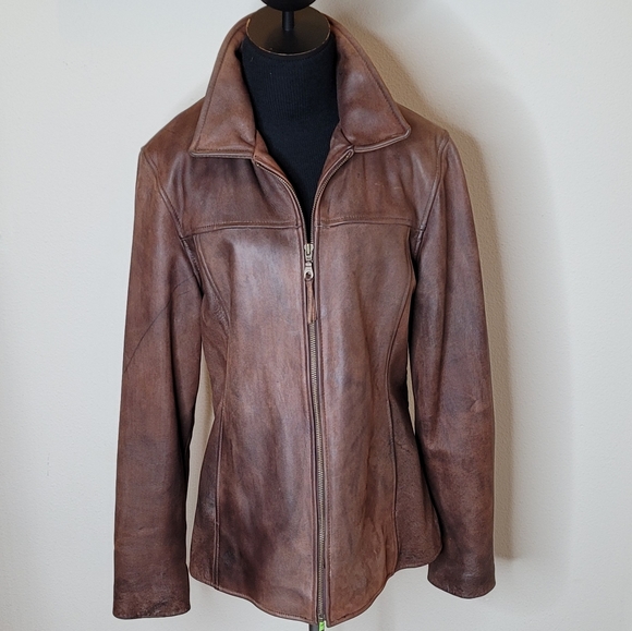 Wilsons Leather Jackets & Blazers - Wilson's Rugged Aged Brown Leather Full Zip Jacket